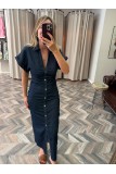 9737-258198 DENİM DÜŞÜK KOL DRAPELİ ELBİSE
