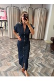 9737-258198 DENİM DÜŞÜK KOL DRAPELİ ELBİSE